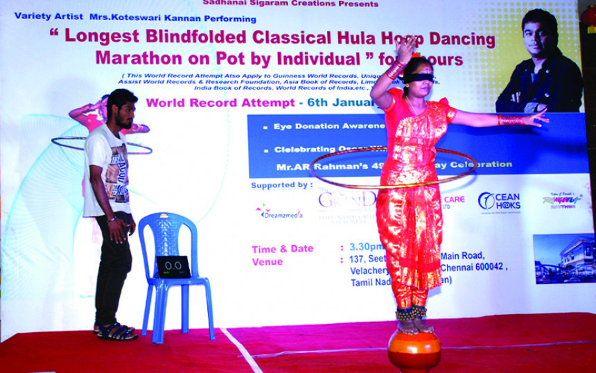 Blindfolded Classical Hula Hoop Dancing Marathon on Pot by Individual